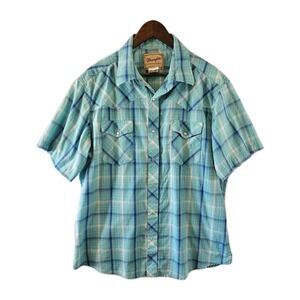Wrangler Shirt Mens XL Blue Plaid Pearl Snap Western Short Sleeve Collar
